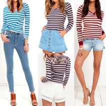 Sexy Striped Gauze Spliced V-neck Long Sleeve T-shirt