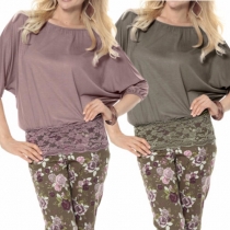 Fashion Solid Color Round Neck Bat Sleeve Lace Spliced Tops