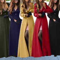 Fashion Solid Color Lapel Long Sleeve Floor-length Overcoat