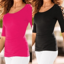 Stylish Solid Color Round Neck Hollow Out Half Sleeve T-shirt