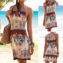 Bohemian Style Printed Sleeveless Slim-fitting Sling Dress