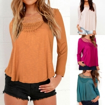 Fashion Solid Color Round Neck Hollow Out Long Sleeve Tops