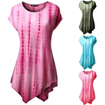 Fashion Printed Round Neck Short Sleeve Irregular Hemline Tops