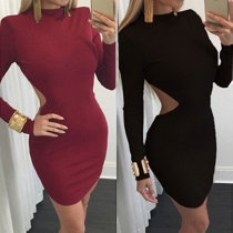 Sexy Solid Color Mock Neck Long Sleeve Backless Bodycon Dress