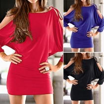 Sexy Solid Color Boat Neck Cold Shoulder Long Sleeve Dress