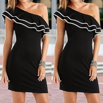 Elegant Oblique Shoulder Ruffle Sleeveless Slim-fitting Dress