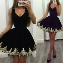 Sexy Lace Embroidery Spliced V-neck Sleeveless Gathered Waist Dress