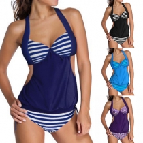 Sexy Contrast Color Striped/Printed Halter Swimwear Set