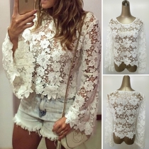 Sexy Round Neck Bell Sleeve Lace Hollow Out Tops