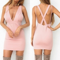 Sexy Solid Color Deep V-neck Backless Sleeveless Sling Dress