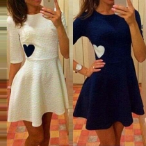 Sweet Heart-shaped Printed Round Neck Half Sleeve Gathered Waist Dress