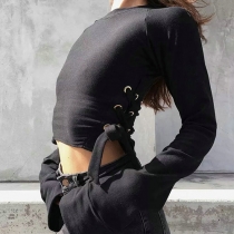 Fashion Solid Color Round Neck Long Sleeve Side Lace-up Crop Tops