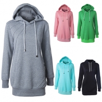 Casual Style Solid Color Drawstring Hooded Long Sleeve Sweatshirt