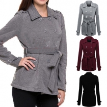 Fashion Solid Color Lapel Long Sleeve Double-breasted Gathered Waist Sweatshirt