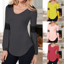 Stylish Lace Spliced Round Neck Long Sleeve Tops