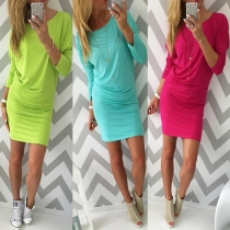 Casual Style Solid Color Round Neck Long Sleeve Dress