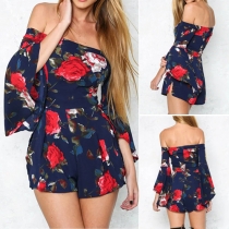 Sexy Printed Off Shoulder Backless Bell Sleeve Romper