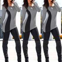 Sexy Contrast Color Round Neck Long Sleeve Slim-fitting T-shirt