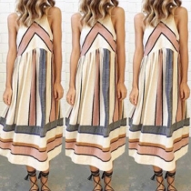 Fashion Round Neck Sleeveless Printed Striped Maxi Dress