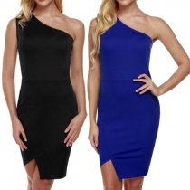 Sexy Solid Color Oblique Shoulder Sleeveless Cut-out Hem Bodycon Dress