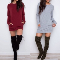 Casual Style Solid Color 2-side Pockets Round Neck Long Sleeve Dress