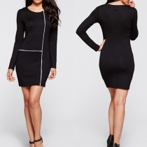 Casual Style Contrast Color Round Neck Long Sleeve Dress