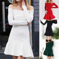 Sexy Solid Color Off Shoulder Long Sleeve Ruffle Hemline Dress