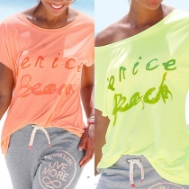 Casual Style Letters Printed Back Slit Round Neck Short Sleeve T-shirt