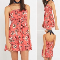 Sexy Floral Printed Backless Sleeveless High Waist Sling Dress