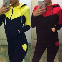Casual Style Contrast Color Front Zipper Hooded Long Sleeve Sports Suit