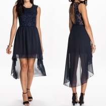Elegant Lace Chiffon Spliced Round Neck Sleeveless Backless High-low Hemline Dress