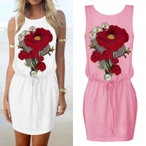 Sweet Round Neck Sleeveless Embroidery Drawstring Waist Dress