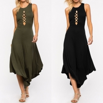 Sexy Solid Color Sleeveless Backless Round Neck Hollow Out Jumpsuit