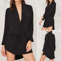 Fashion Solid Color Deep V-neck Long Sleeve Irregular Hemline Drawstring Waist Dress