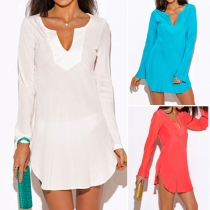 Concise Style Solid Color V-neck Long Sleeve Irregular Hemline Dress