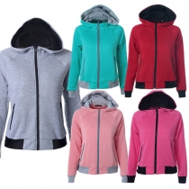 Casual Style Contrast Color Front Zipper Hooded Long Sleeve Sweatshirt For Women