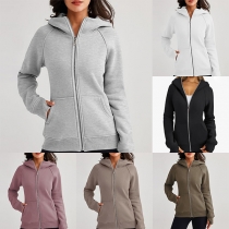 Casual Style Contrast Color Front Zipper Hooded Long Sleeve Sweatshirt For Women