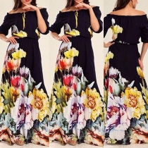 Elegant Flowers Printed Off Shoulder Half Sleeve Maxi Dress
