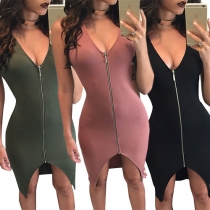 Sexy Solid Color Deep V-Neck Sleeveless Front Zipper Irregular Hemline Bodycon Dress