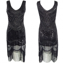 Fashion V-neck Sleeveless Sequin Woven Tassel Dress