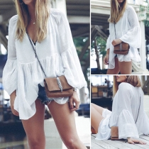 Stylish Solid Color V-neck Ruffle Sleeve Loose-fitting Dress