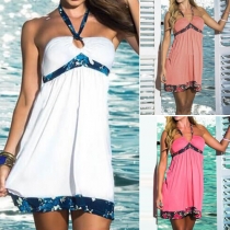 Sexy Printed Strapless Backless High Waist Halter Beach Dress