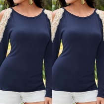 Fashion Lace Spliced Round Neck Cold Shoulder Long Sleeve Slim-fitting T-shirt