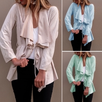 Fashion Solid Color Long Sleeve Irregular Gathered Waist Cardigan