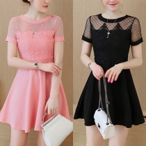 Sweet Gauze Lace Spliced Hollow Out Round Neck Short Sleeve Dress