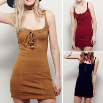 Sexy Solid Color Lace-up U-neck Sleeveless Backless Knit Sling Dress