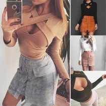 Sexy Solid Color Front Criss Cross Long Sleeve Crop Tops