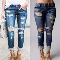 Distressed Style Low-waist Ripped Jeans For Women