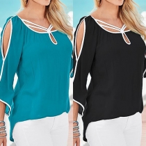 Fashion Contrast Color Hollow Out Cold Shoulder High-low Hemline Chiffon Tops