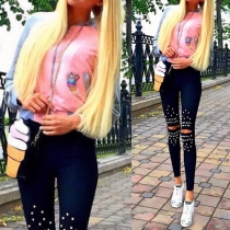 Fashion Solid Color Beaded Ripped Skinny Pants